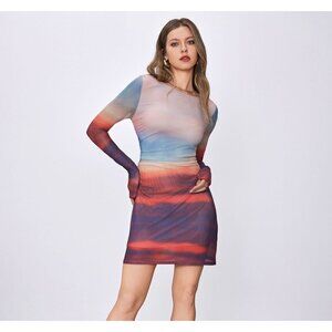 Cider Mini Dress Size XL Round Neck Long Sleeve Gradient Multi Party Cocktail